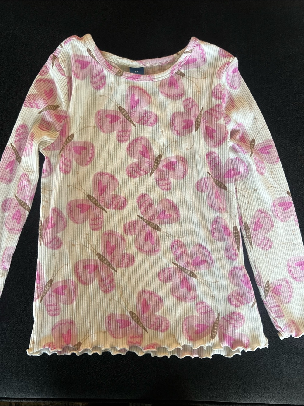 Old Navy Cream Long Sleeve Ribbed Top with Pink Butterfly Print